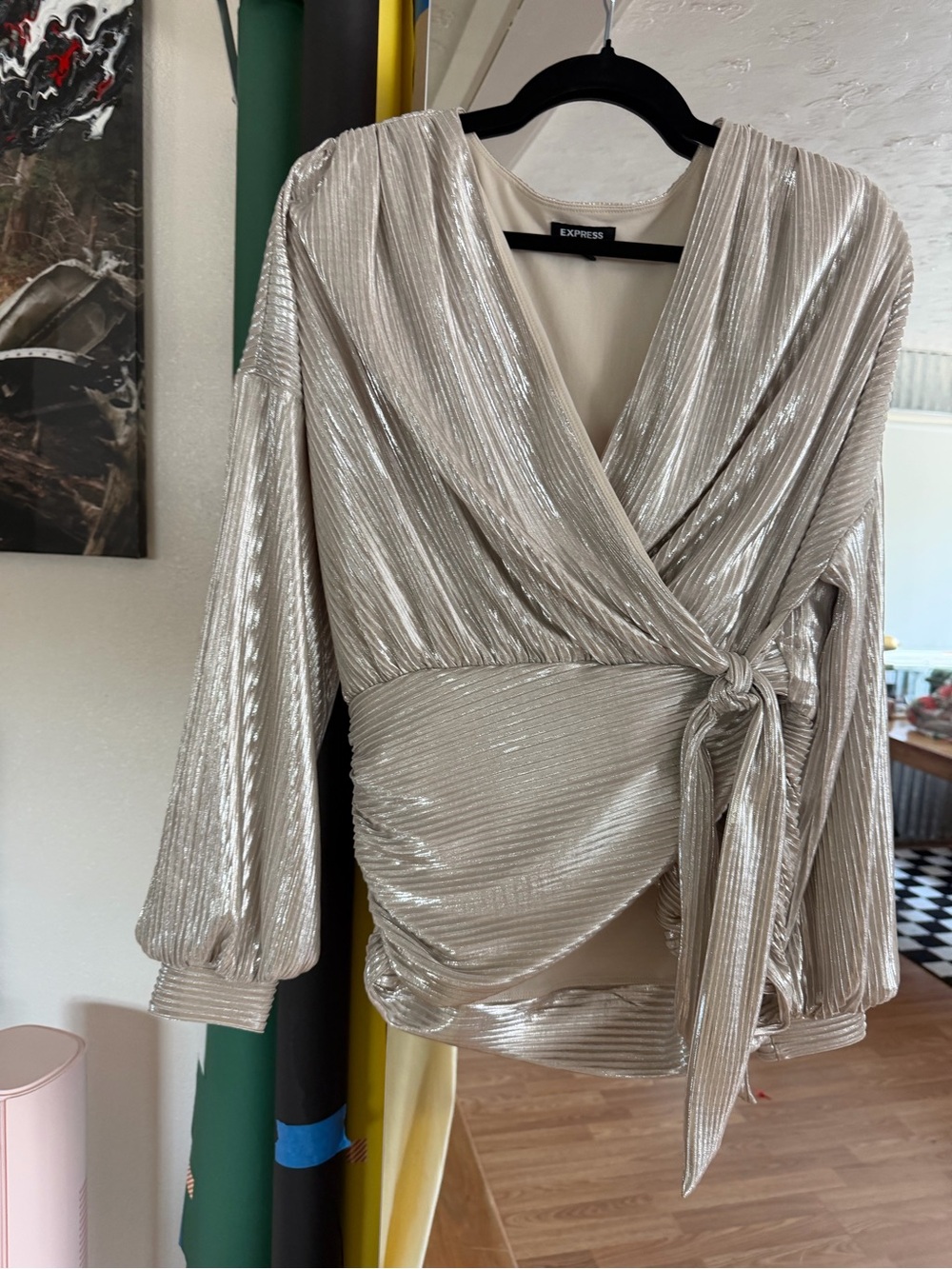 Express Silver Metallic Wrap Blouse with Side Tie